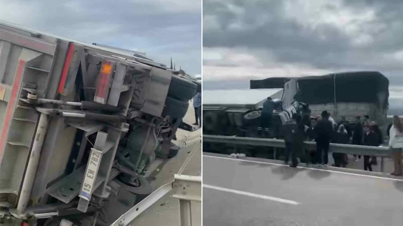 Bursa'da kamyonlar devrildi, trafikte kuyruklar oluştu