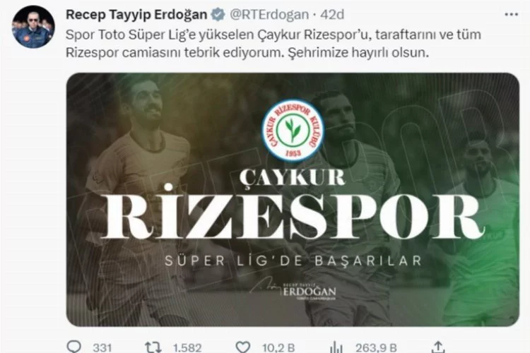 Erdoğan'dan Rizespor'a kutlama