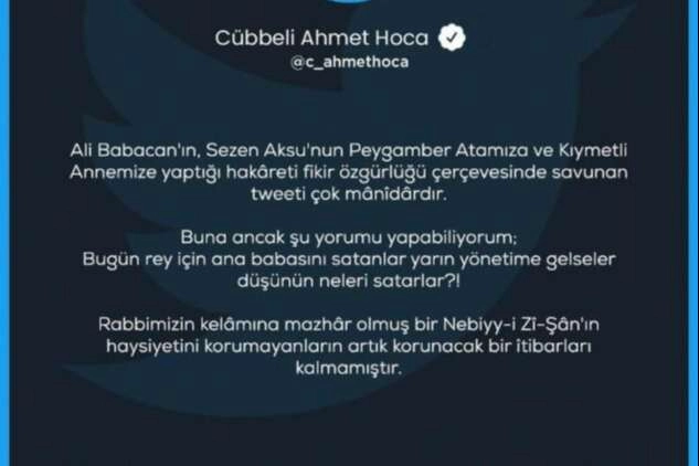 Cübbeli Ahmet Hoca'dan, Sezen Aksu'ya sahip çıkan Ali Babacan'a tepki